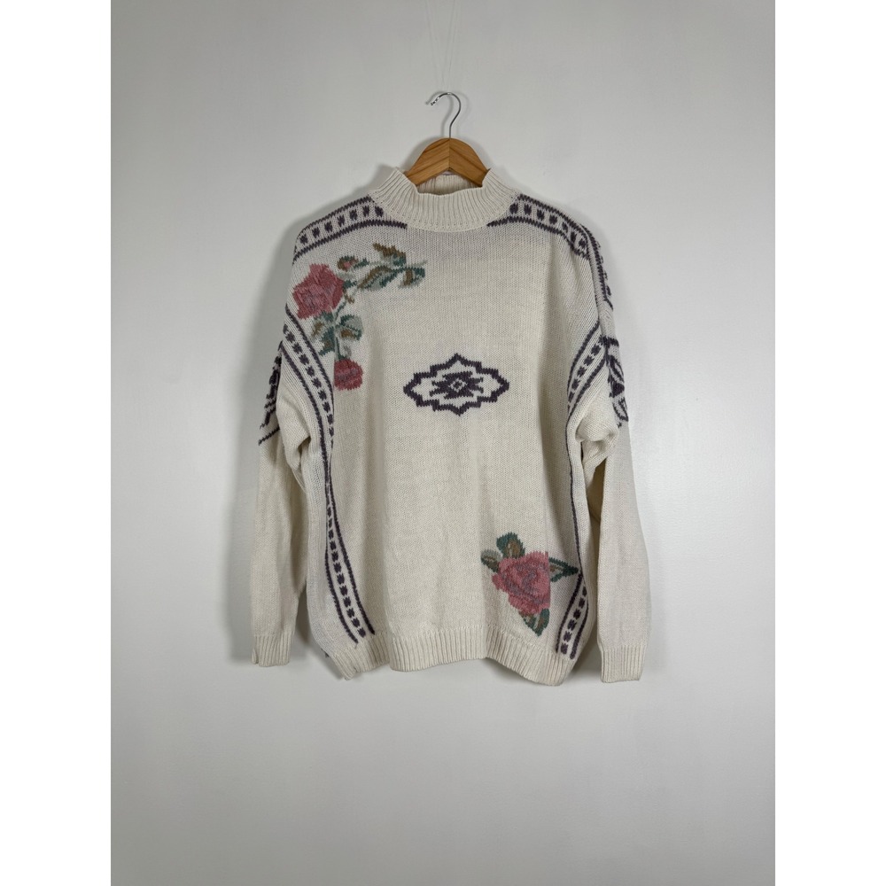 Vintage Gabrielle's Choice Women XL Sweater Ivory Floral Ramie Cotton Mock Neck